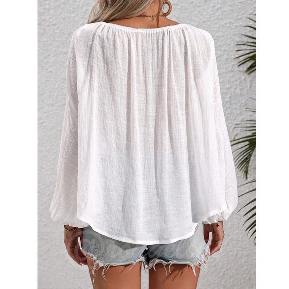 French Style White Blouse Top V-Neck with Tassel Ties - Picture 5 of 9